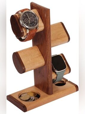 Wooden Watch & Accessory Stand Organizer - Natural Brown